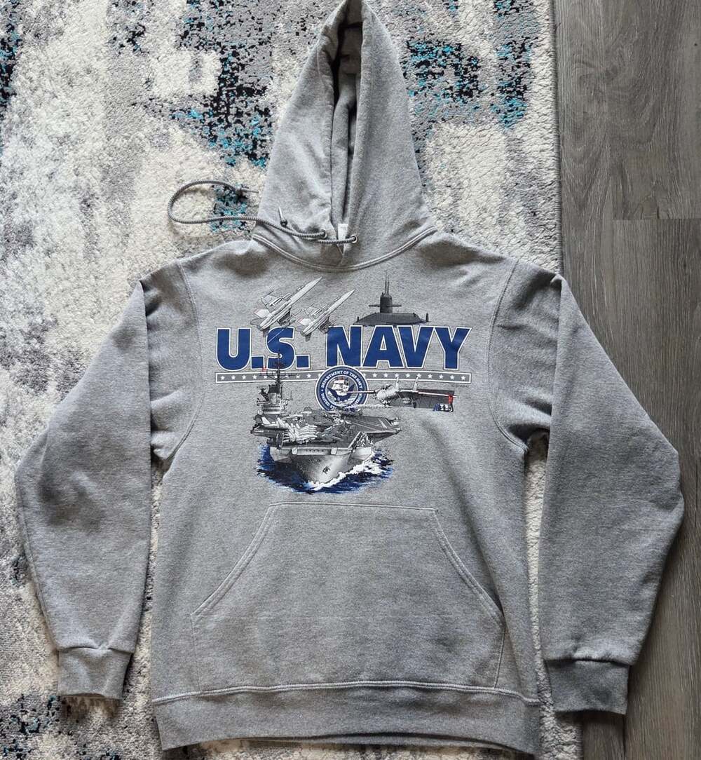 Jerzees US Navy Hoodie Size Small Gray Military Pullover Sweatshirt
